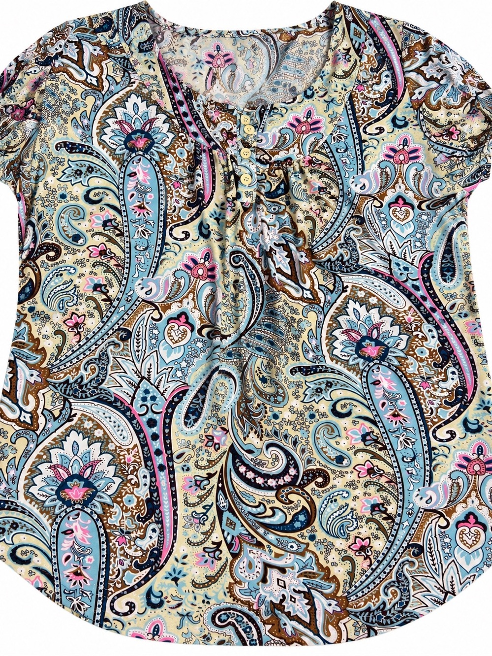 Women’s Paisley Print Short Sleeve Tunic Blouse Button Front Boho Top